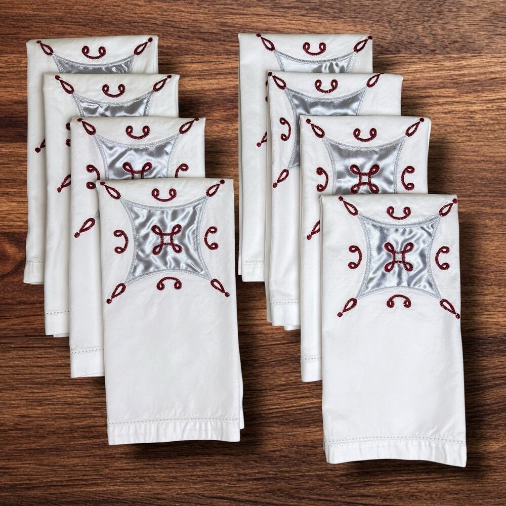 Gardeners Eden White Cotton Napkins 20" Set Of 8 Embroidery Williams Sonoma Vtg